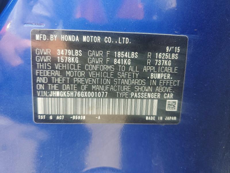 61408026 :رقم المزاد ، JHMGK5H76GX001077 vin ، 2016 Honda Fit مزاد بيع