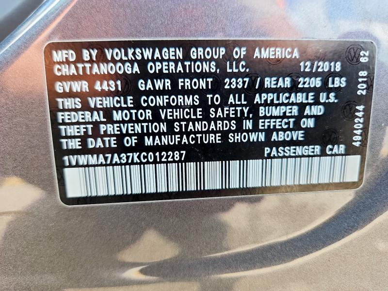 Продаж на аукціоні авто 2019 Volkswagen Passat, vin: 1VWMA7A37KC012287, номер лоту: 59830136