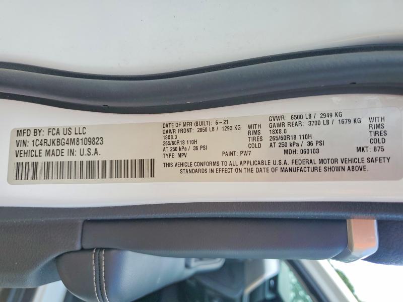 60832756 :رقم المزاد ، 1C4RJKBG4M8109823 vin ، 2021 Jeep Grand Cherokee مزاد بيع