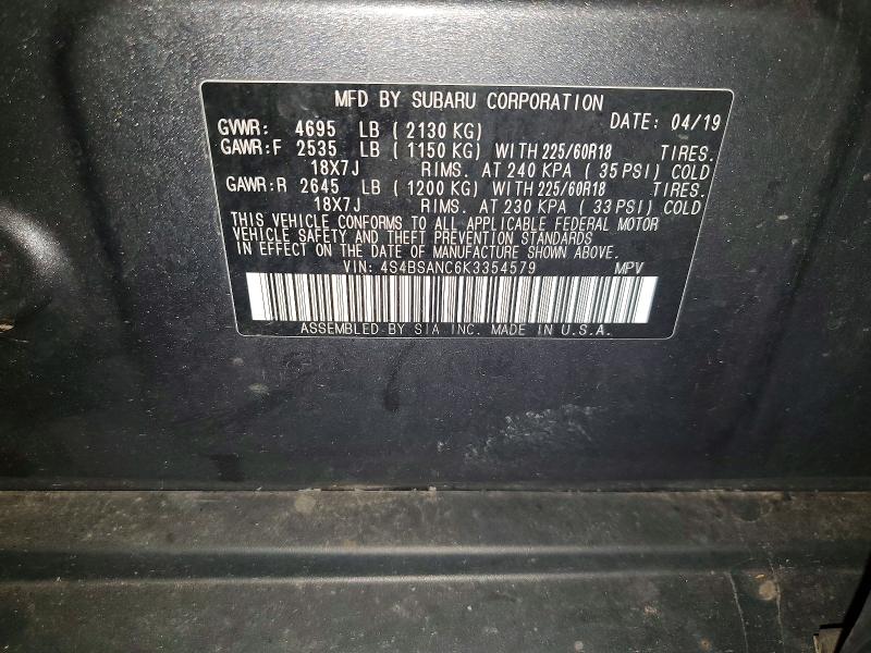 62482446 :رقم المزاد ، 4S4BSANC6K3354579 vin ، 2019 Subaru Outback مزاد بيع