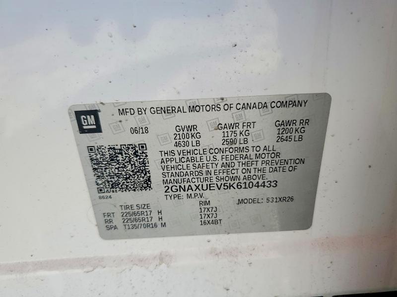 Aukcja sprzedaży 2019 Chevrolet Equinox, vin: 2GNAXUEV5K6104433, numer aukcji: 61893006