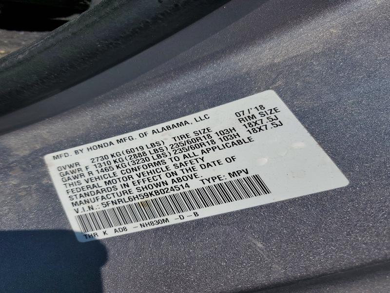 61322646 :رقم المزاد ، 5FNRL6H59KB024514 vin ، 2019 Honda Odyssey مزاد بيع