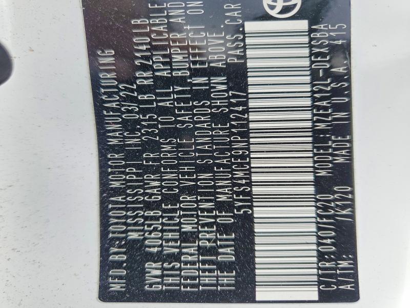 62971686 :رقم المزاد ، 5YFS4MCE9NP112417 vin ، 2022 Toyota Corolla مزاد بيع