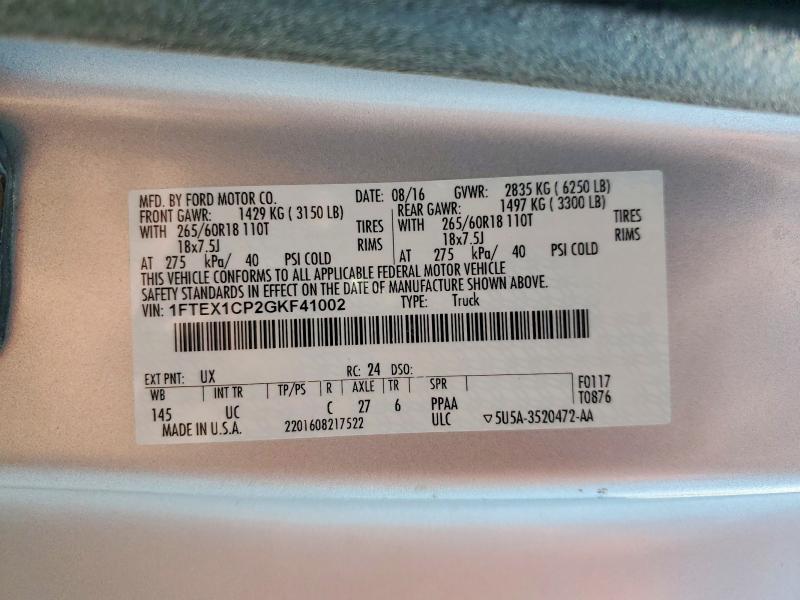 Продаж на аукціоні авто 2016 Ford F150, vin: 1FTEX1CP2GKF41002, номер лоту: 61248176
