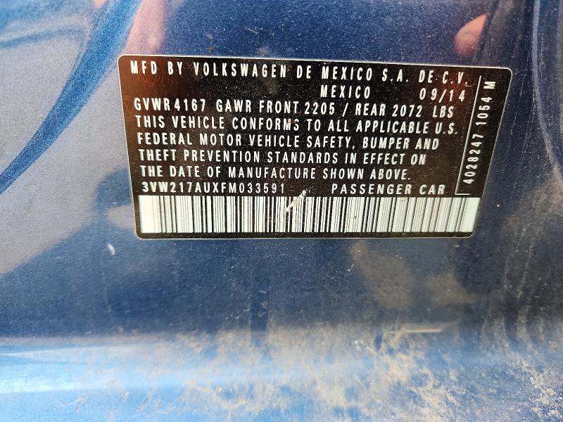 2015 Volkswagen Golf მანქანა იყიდება აუქციონზე, vin: 3VW217AUXFM033591, აუქციონის ნომერი: 61164756