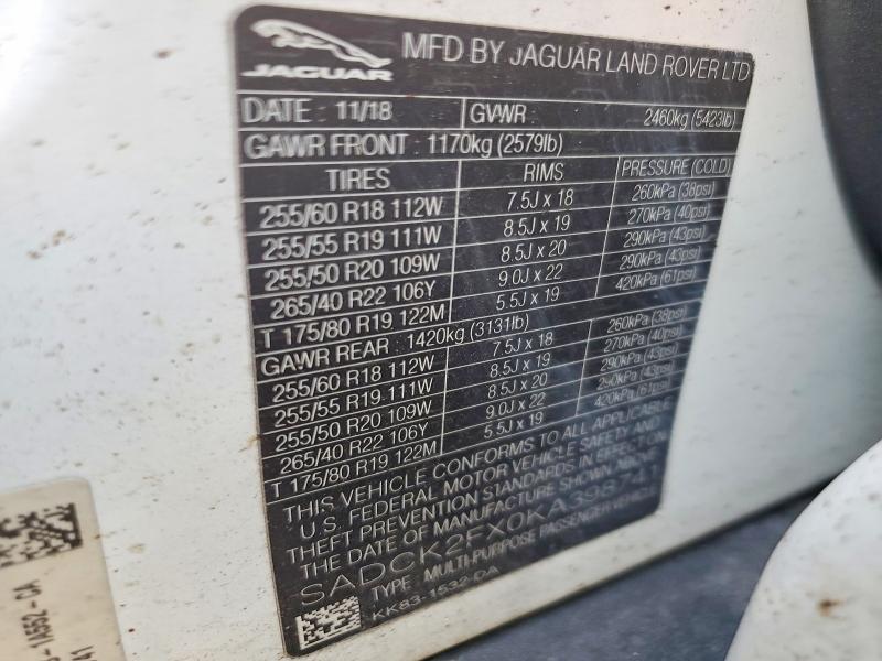 62371686 :رقم المزاد ، SADCK2FX0KA398741 vin ، 2019 Jaguar F-pace مزاد بيع