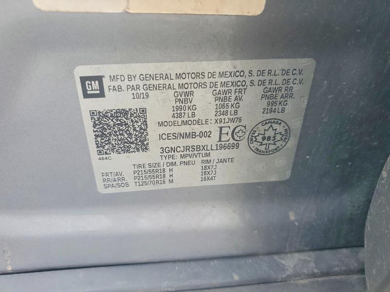 Aukcja sprzedaży 2020 Chevrolet Trax, vin: 3GNCJRSBXLL196699, numer aukcji: 60573076