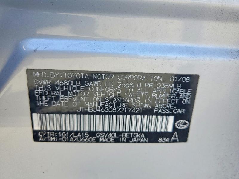 Aukcja sprzedaży 2008 Lexus Es, vin: JTHBJ46G082217421, numer aukcji: 63362456