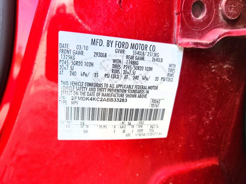 62471536 :رقم المزاد ، 2FMDK4KC2ABB33283 vin ، 2010 Ford Edge مزاد بيع