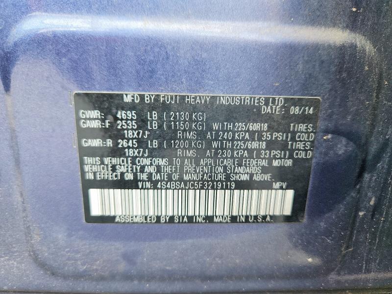 2015 Subaru Outback მანქანა იყიდება აუქციონზე, vin: 4S4BSAJC5F3219119, აუქციონის ნომერი: 59012596