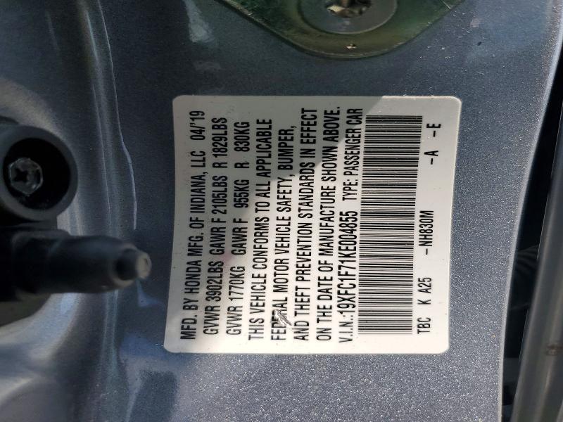 2019 Honda Civic მანქანა იყიდება აუქციონზე, vin: 19XFC1F71KE004855, აუქციონის ნომერი: 59662176