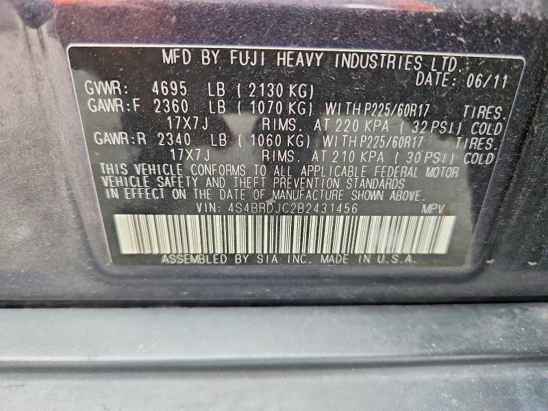 2011 Subaru Outback მანქანა იყიდება აუქციონზე, vin: 4S4BRDJC2B2431456, აუქციონის ნომერი: 63141516