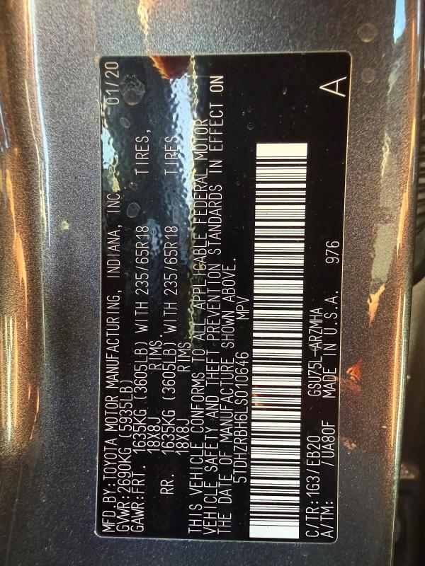 60928286 :رقم المزاد ، 5TDHZRBH6LS010646 vin ، 2020 Toyota Highlander مزاد بيع