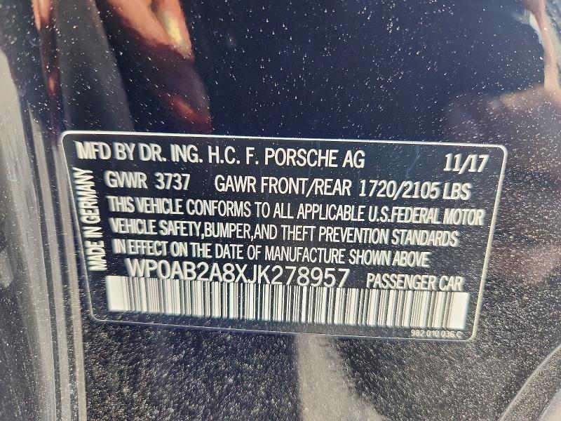 2018 Porsche Cayman მანქანა იყიდება აუქციონზე, vin: WP0AB2A8XJK278957, აუქციონის ნომერი: 59801016