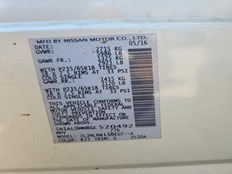 Aukcja sprzedaży 2016 Infiniti Qx60, vin: 5N1AL0MM8GC520492, numer aukcji: 59260896