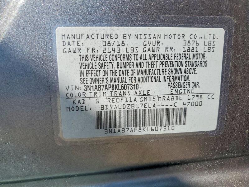 60921236 :رقم المزاد ، 3N1AB7AP8KL607310 vin ، 2019 Nissan Sentra مزاد بيع