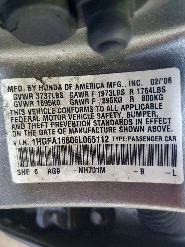 60339976 :رقم المزاد ، 1HGFA16806L065112 vin ، 2006 Honda Civic مزاد بيع
