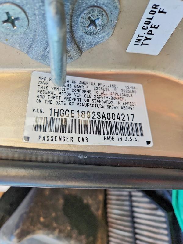 61320686 :رقم المزاد ، 1HGCE1892SA004217 vin ، 1995 Honda Accord مزاد بيع