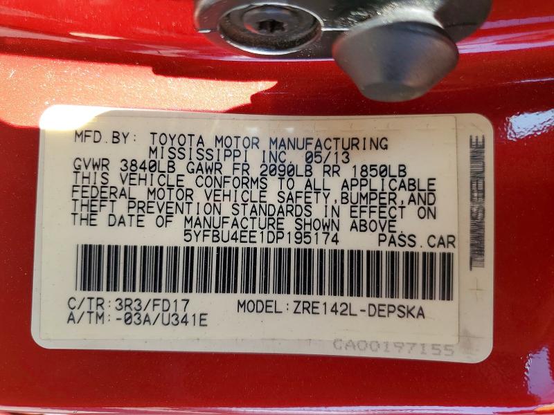 61951756 :رقم المزاد ، 5YFBU4EE1DP195174 vin ، 2013 Toyota Corolla مزاد بيع