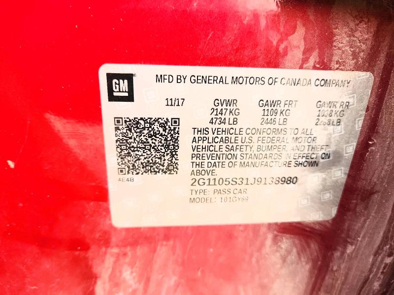 60760356 :رقم المزاد ، 2G1105S31J9138980 vin ، 2018 Chevrolet Impala مزاد بيع