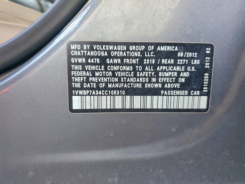 62301126 :رقم المزاد ، 1VWBP7A34CC105310 vin ، 2012 Volkswagen Passat مزاد بيع