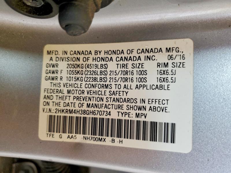 Aukcja sprzedaży 2016 Honda Cr-v, vin: 2HKRM4H38GH670734, numer aukcji: 59842296
