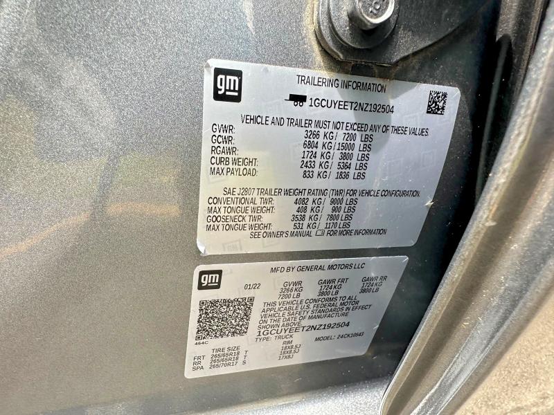 2022 Chevrolet Silverado Ltd მანქანა იყიდება აუქციონზე, vin: 1GCUYEET2NZ192504, აუქციონის ნომერი: 56543586