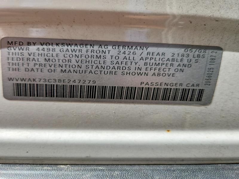 60175876 :رقم المزاد ، WVWAK73C38E247279 vin ، 2008 Volkswagen Passat مزاد بيع