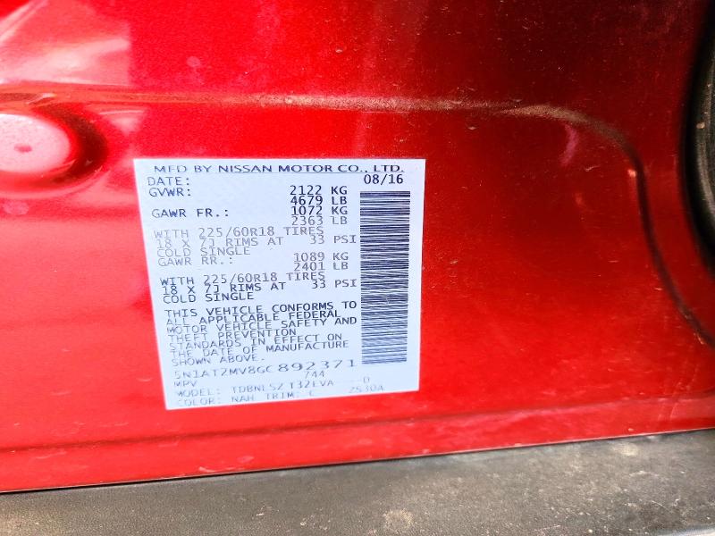 2016 Nissan Rogue მანქანა იყიდება აუქციონზე, vin: 5N1AT2MV8GC892371, აუქციონის ნომერი: 60489316