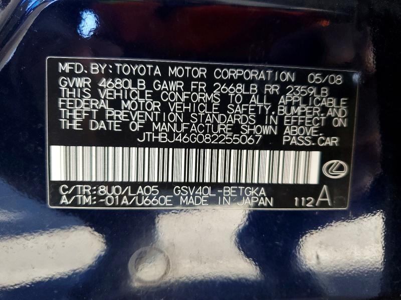 Aukcja sprzedaży 2008 Lexus Es, vin: JTHBJ46G082255067, numer aukcji: 63414596