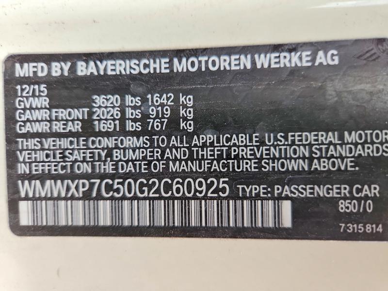 Продаж на аукціоні авто 2016 Mini Cooper, vin: WMWXP7C50G2C60925, номер лоту: 62522956