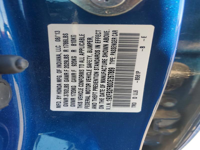 2013 Honda Civic მანქანა იყიდება აუქციონზე, vin: 19XFB2F80DE267889, აუქციონის ნომერი: 62291416