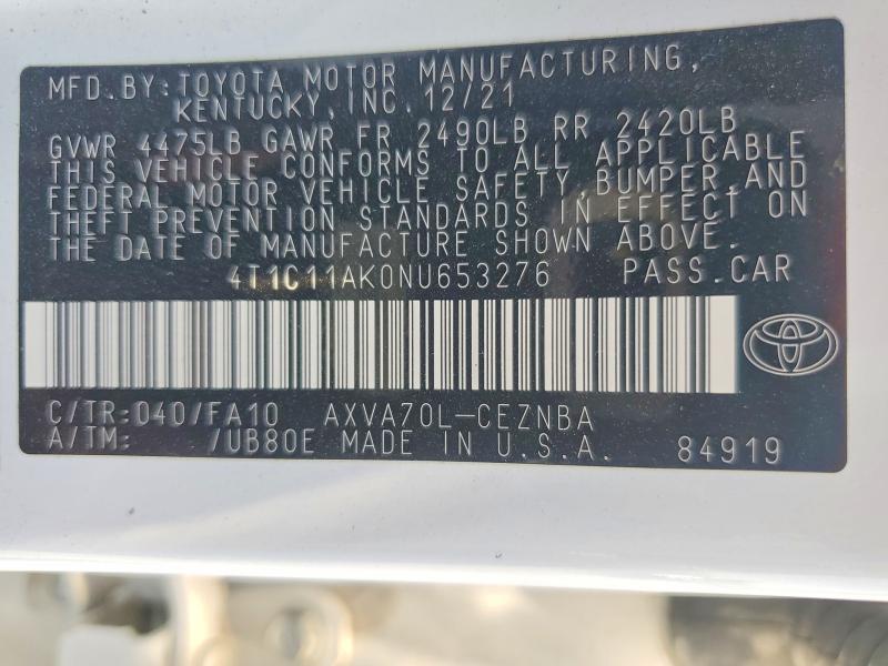 Продажа на аукционе авто 2022 Toyota Camry, vin: 4T1C11AK0NU653276, номер лота: 61547236