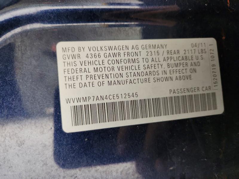 Aukcja sprzedaży 2012 Volkswagen Cc, vin: WVWMP7AN4CE512545, numer aukcji: 61596836