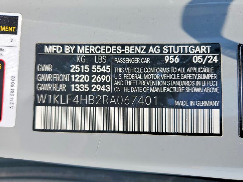 61947016 :رقم المزاد ، W1KLF4HB2RA067401 vin ، 2024 Mercedes-benz E مزاد بيع
