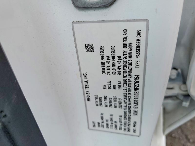 2022 Tesla Model 3 მანქანა იყიდება აუქციონზე, vin: 5YJ3E1EB2NF276154, აუქციონის ნომერი: 61493306