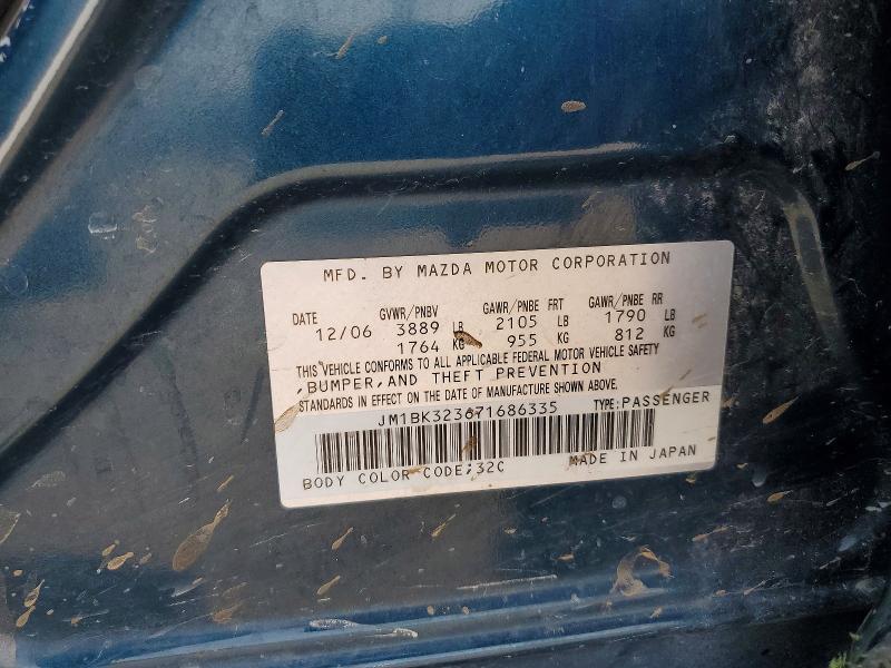 2007 Mazda 3 მანქანა იყიდება აუქციონზე, vin: JM1BK323671686335, აუქციონის ნომერი: 63194786