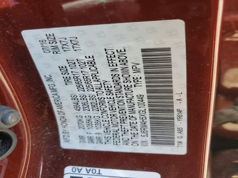 Aukcja sprzedaży 2016 Honda Cr-v, vin: 5J6RM4H5XGL100449, numer aukcji: 62416916
