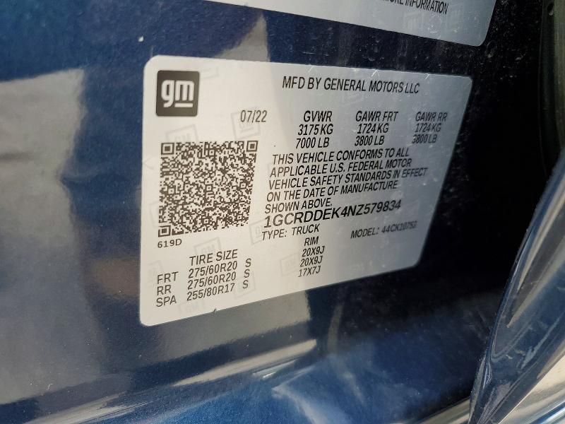 Продажа на аукционе авто 2022 Chevrolet Silverado, vin: 1GCRDDEK4NZ579834, номер лота: 59681056