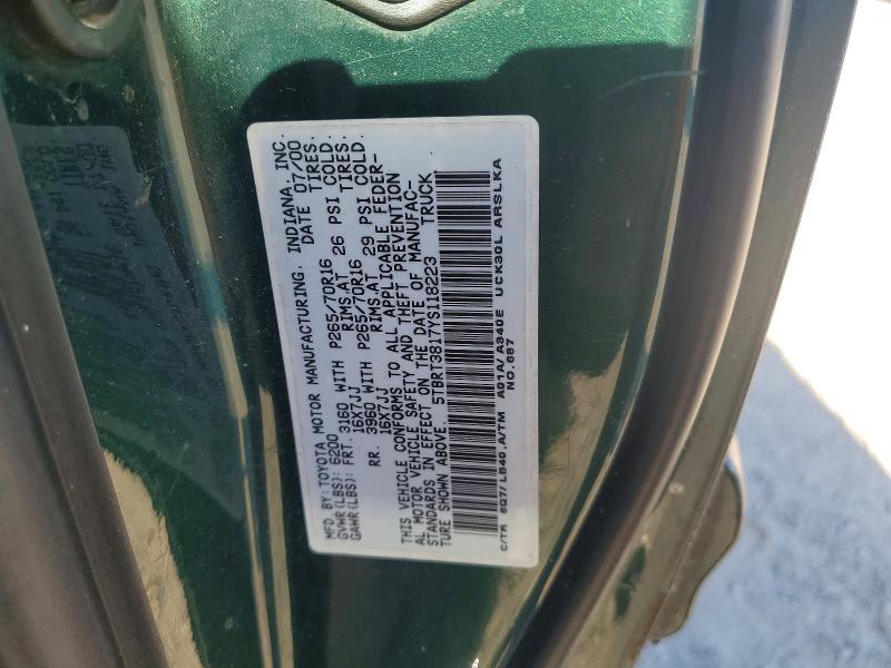59230186 :رقم المزاد ، 5TBRT3817YS118223 vin ، 2000 Toyota Tundra مزاد بيع