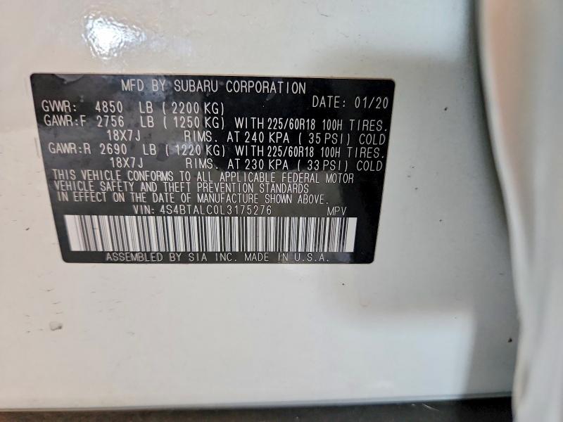 Продажа на аукционе авто 2020 Subaru Outback, vin: 4S4BTALC0L3175276, номер лота: 60678066
