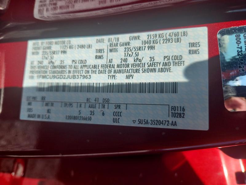 58612956 :رقم المزاد ، 1FMCU9GD2JUB37963 vin ، 2018 Ford Escape مزاد بيع