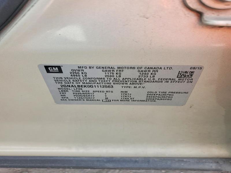 2016 Chevrolet Equinox მანქანა იყიდება აუქციონზე, vin: 2GNALBEK0G1112563, აუქციონის ნომერი: 60639446