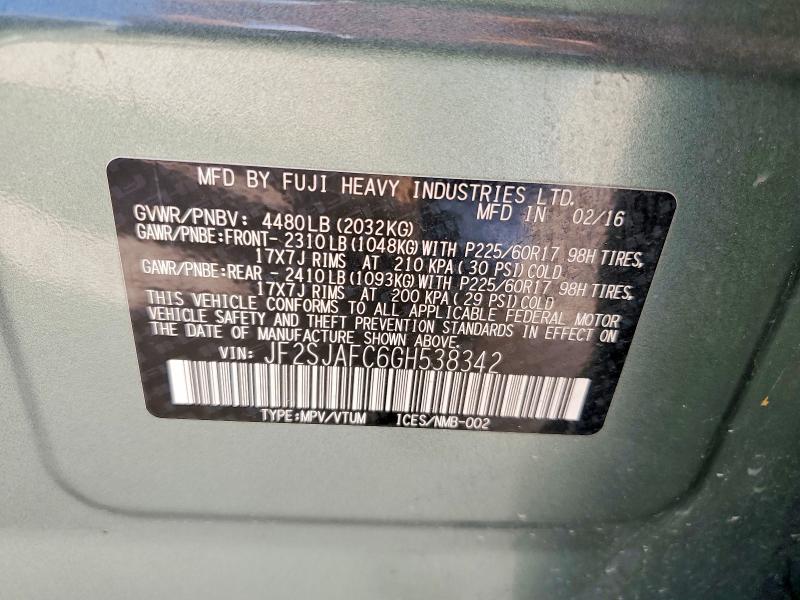 Продажа на аукционе авто 2016 Subaru Forester, vin: JF2SJAFC6GH538342, номер лота: 85462045