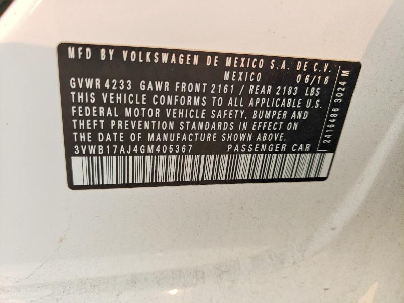 2016 Volkswagen Jetta მანქანა იყიდება აუქციონზე, vin: 3VWB17AJ4GM405367, აუქციონის ნომერი: 61287966