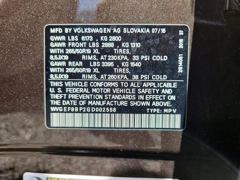 Продажа на аукционе авто 2016 Volkswagen Touareg, vin: WVGEF9BP2GD002558, номер лота: 59166836