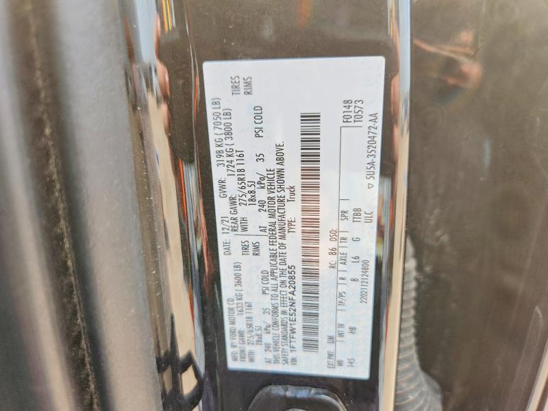 Aukcja sprzedaży 2022 Ford F150, vin: 1FTFW1E52NFA20855, numer aukcji: 59848576