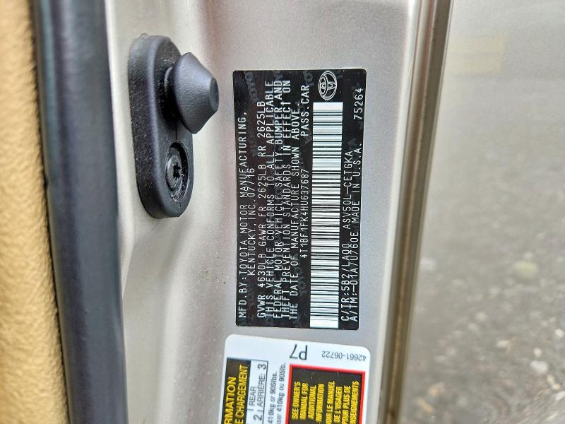 2017 Toyota Camry მანქანა იყიდება აუქციონზე, vin: 4T1BF1FK4HU637687, აუქციონის ნომერი: 62646056