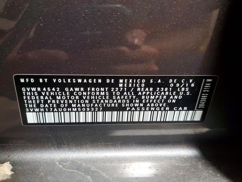 2017 Volkswagen Golf Alltrack მანქანა იყიდება აუქციონზე, vin: 3VWH17AU0HM509327, აუქციონის ნომერი: 61103276