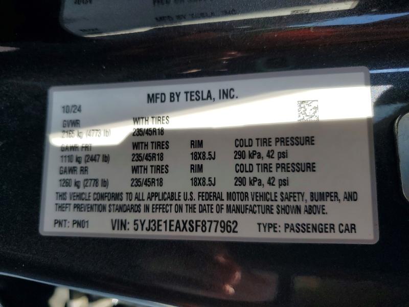 Продаж на аукціоні авто 2025 Tesla Model 3, vin: 5YJ3E1EAXSF877962, номер лоту: 61349346